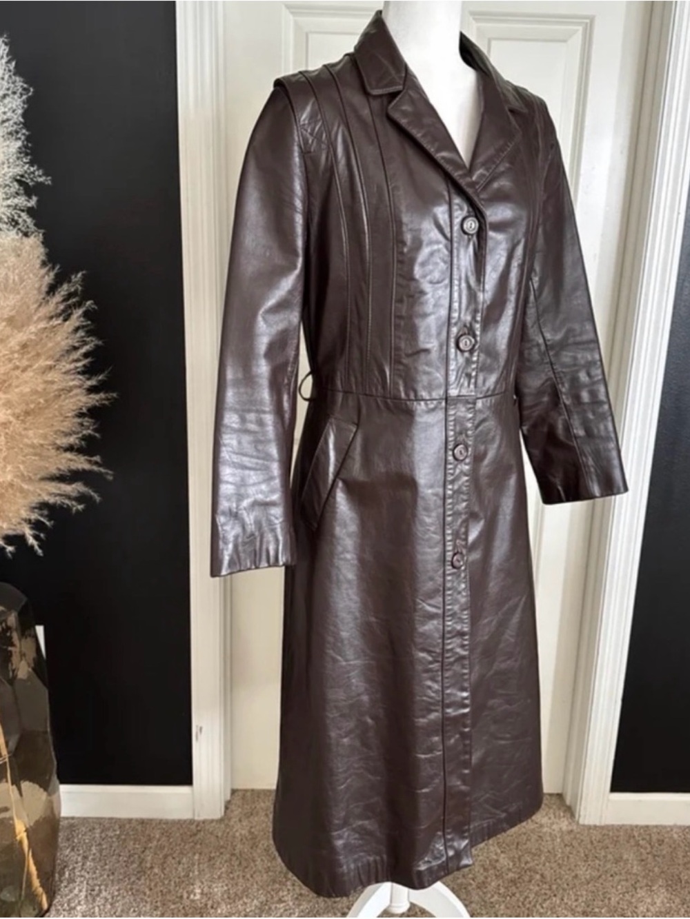 Vintage 70s Nappa Leather TIBOR Long Trench Coat Brown Leather Jacket - Picture 3 of 10